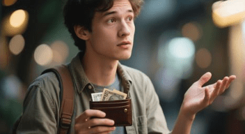 A casual person holding a wallet with a small amount of cash
