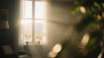 A morning scene with soft natural light streaming through a window, illuminating a room.
