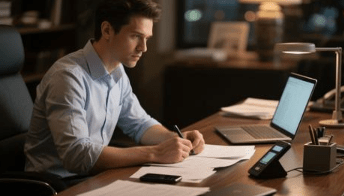 A person at a desk with papers, a phone, and a laptop.